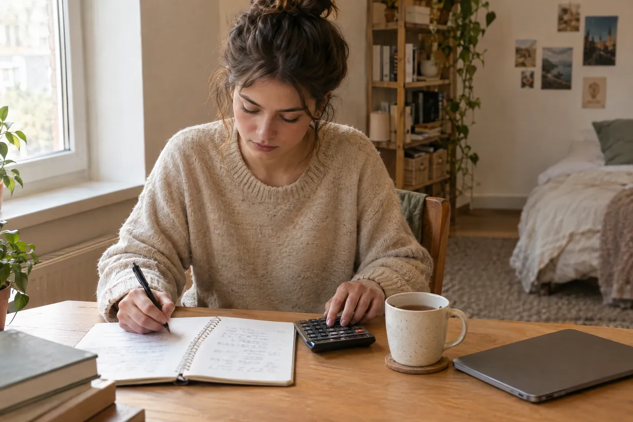 Étudiante qui calcule son budget mensuel à son bureau avec une calculatrice