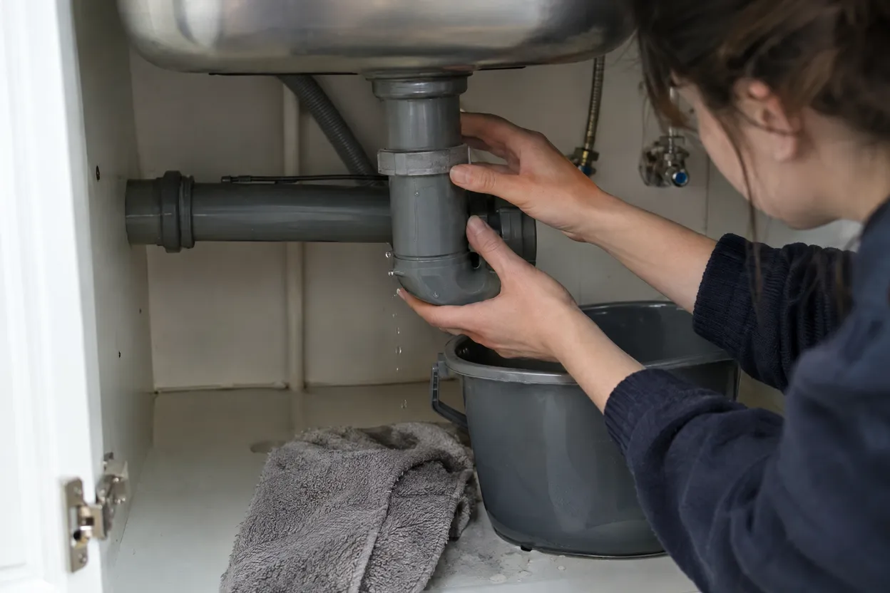 Fuite d'eau sous l'évier d'un logement étudiant, avec seau et serviette