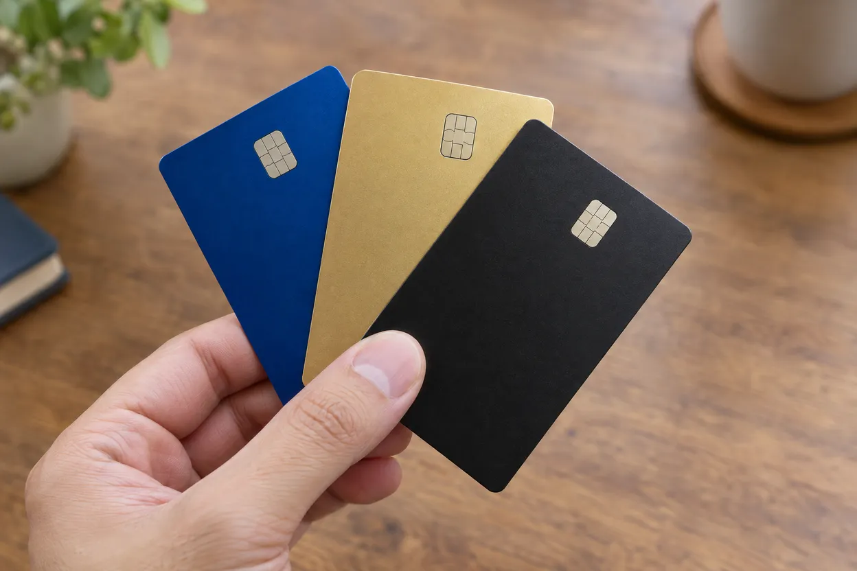Main qui tient trois cartes bancaires bleue, dorée et noire