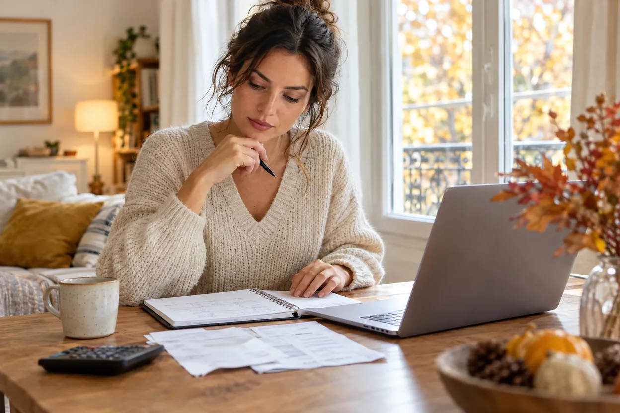 Femme qui fait le point sur son budget mensuel chez elle