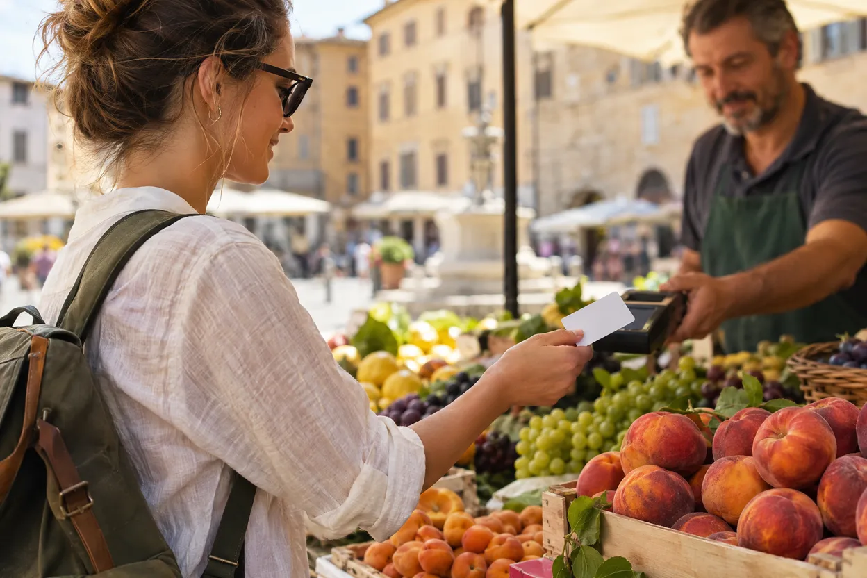Voyageuse qui paie par carte sur un marché en Italie