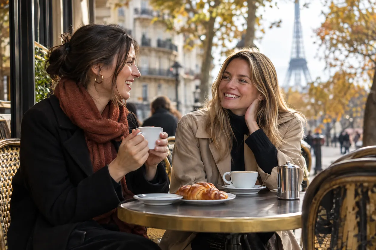 Deux amis qui parlent placements en terrasse d'un café parisien