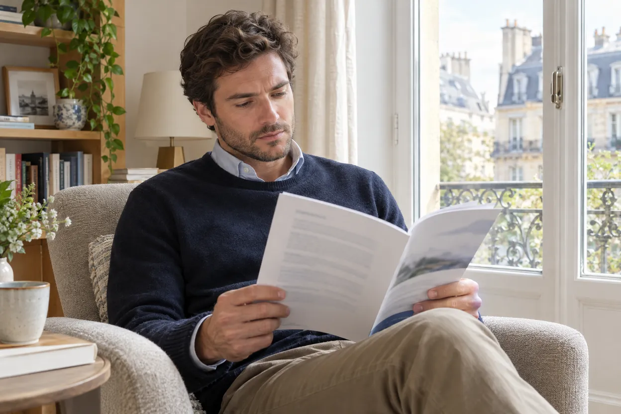 Homme qui lit une notice de contrat d'assurance vie dans un fauteuil
