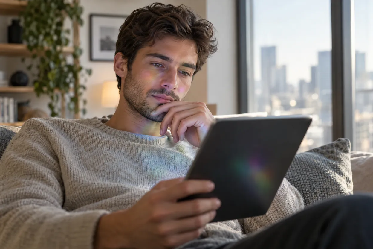 Jeune investisseur qui consulte une tablette chez lui