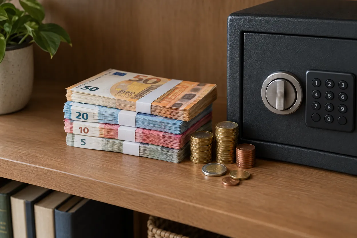 Billets et pièces en euros rangés près d'un petit coffre-fort