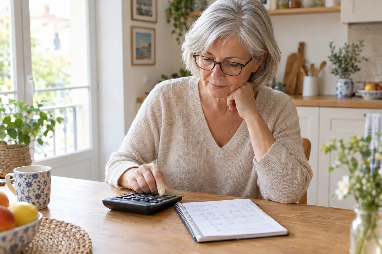 Retraitée qui fait ses calculs avec une calculatrice à sa table