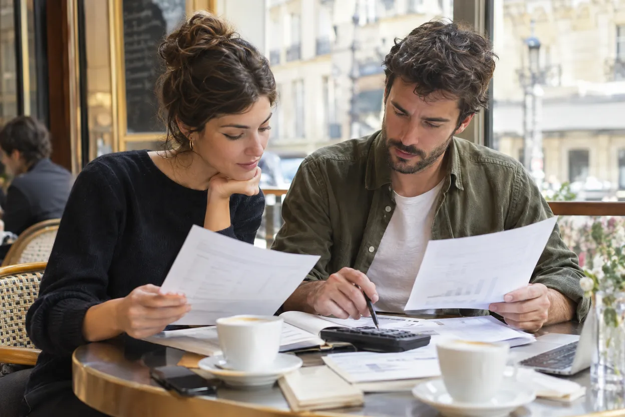 Deux indépendants qui comparent des coûts bancaires sur papier à une table de café