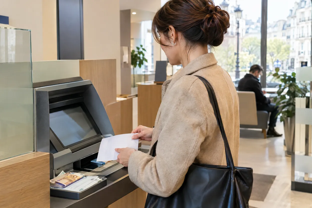 Commerçant qui dépose espèces et chèques à un automate en agence bancaire