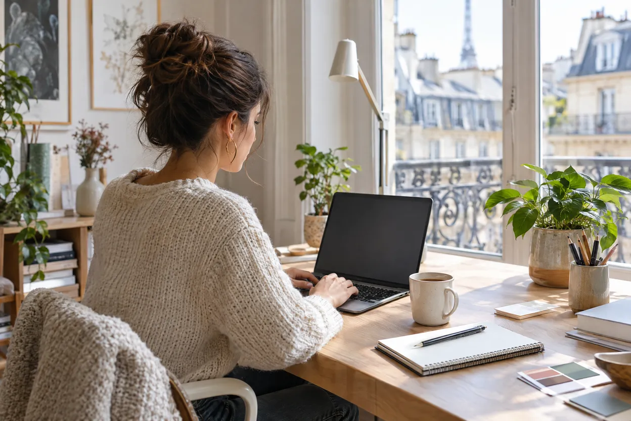 Graphiste indépendante qui travaille sur son ordinateur dans un bureau lumineux