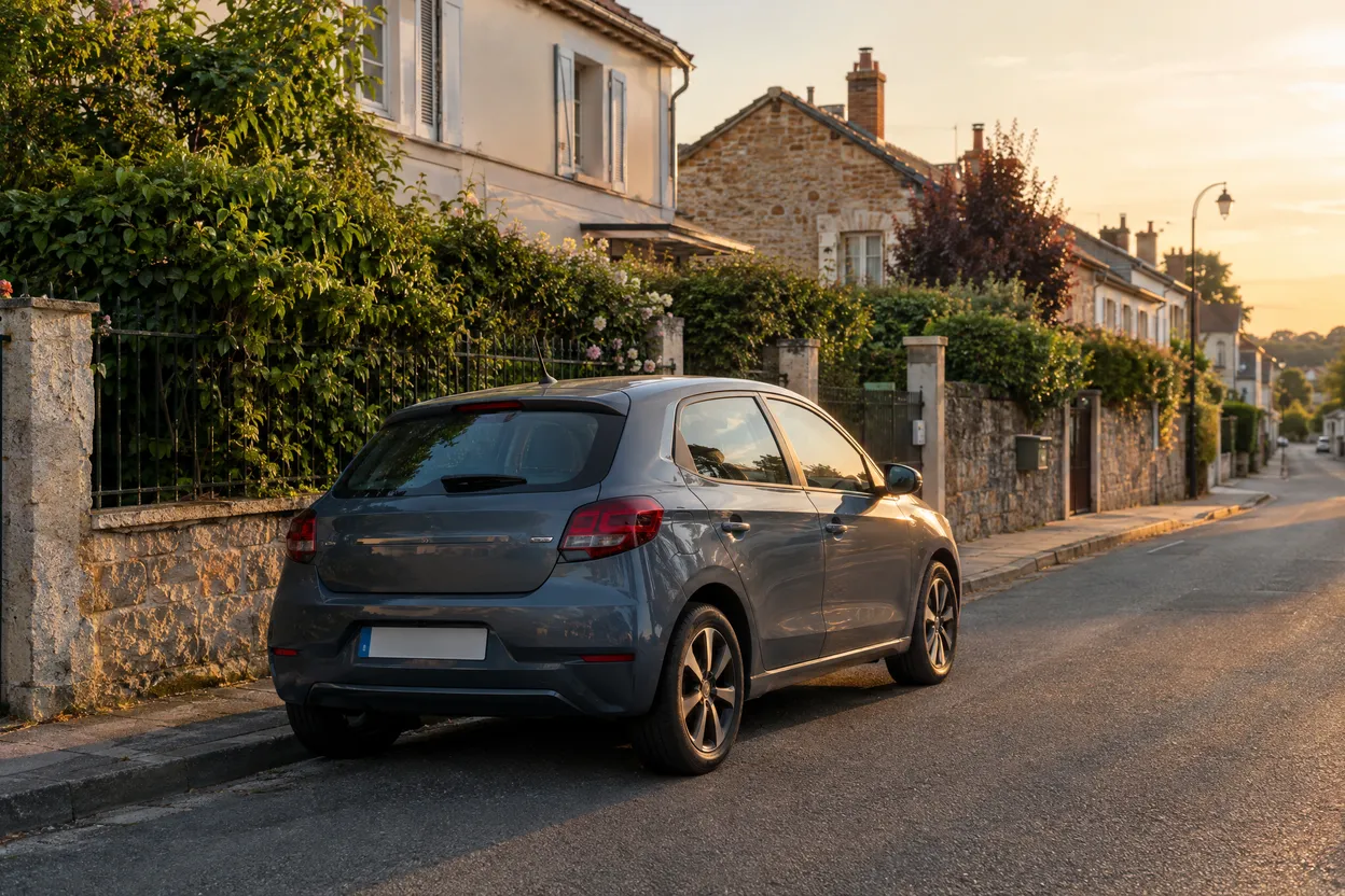Voiture citadine garée dans une rue résidentielle