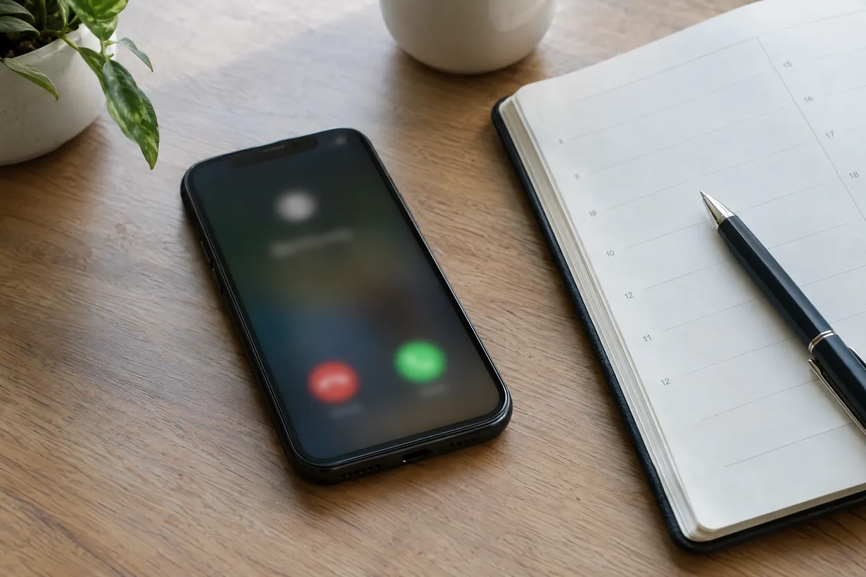 Smartphone affichant un appel entrant à côté d'un agenda
