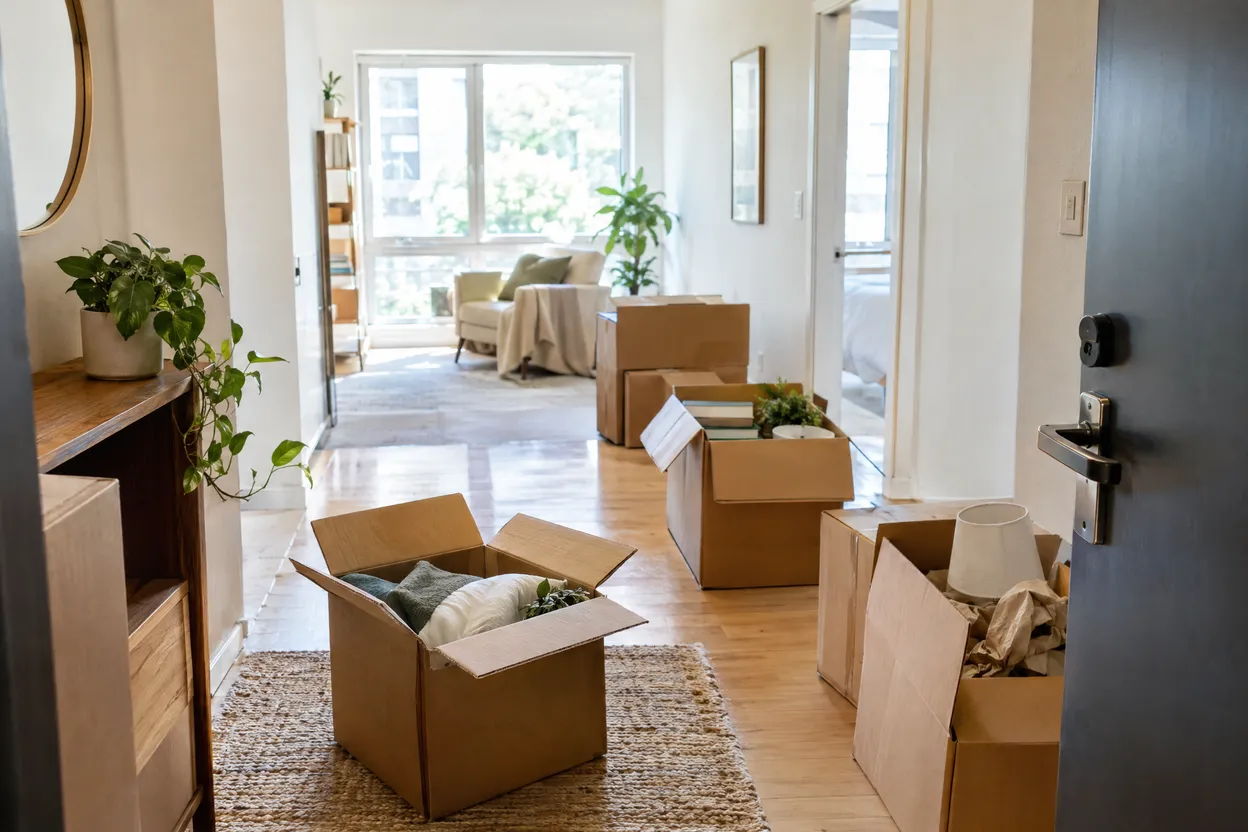 Entrée d'appartement avec cartons de déménagement