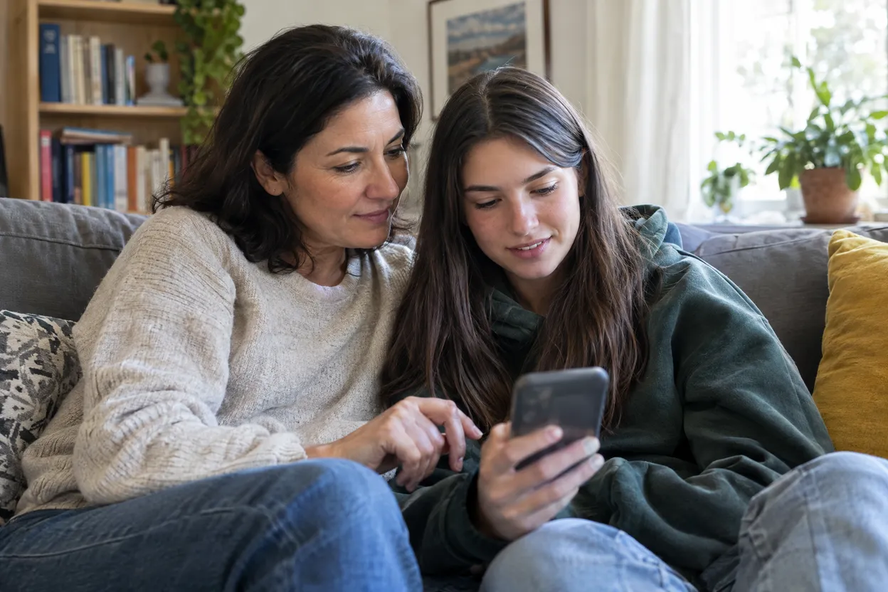 Un parent et un adolescent consultent un smartphone