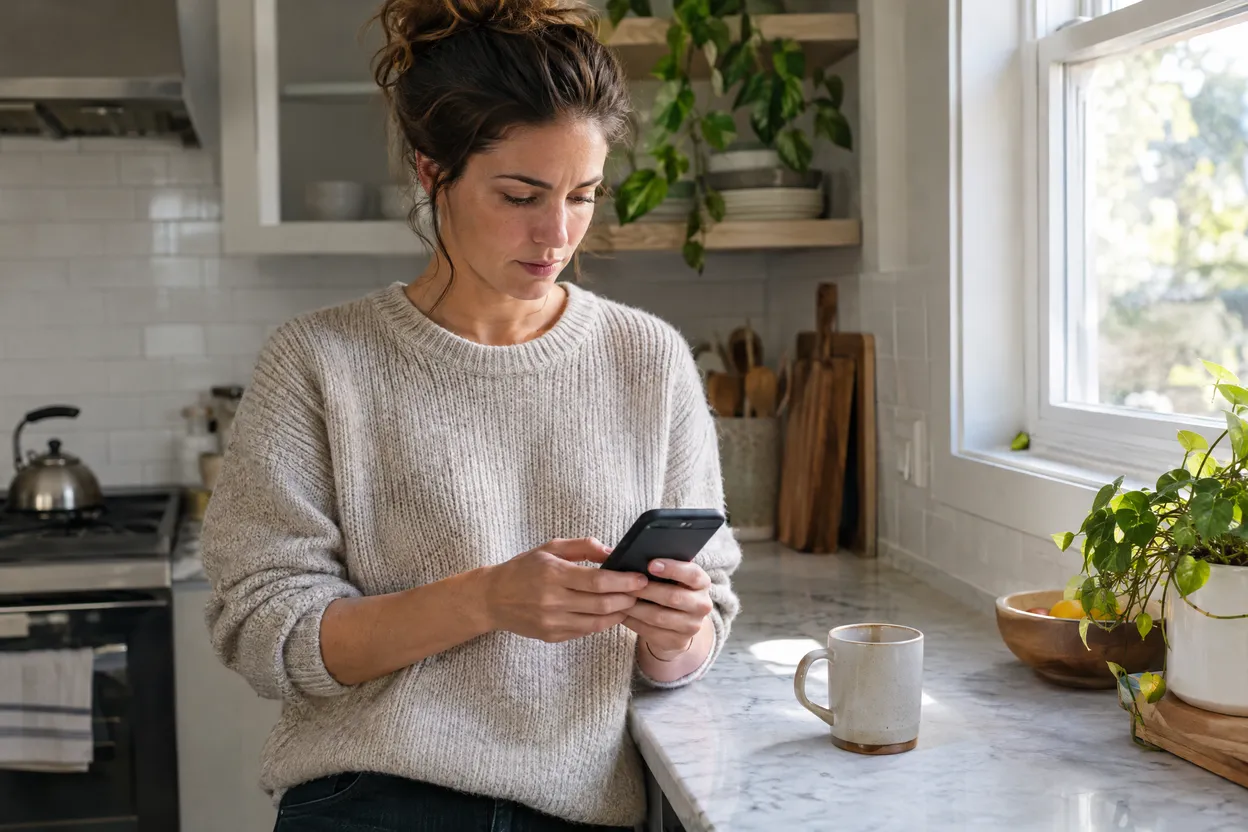 Une cliente consulte son compte sur son téléphone
