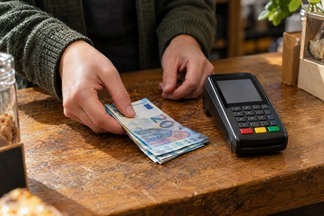 Billets déposés sur le comptoir d'un bureau de tabac