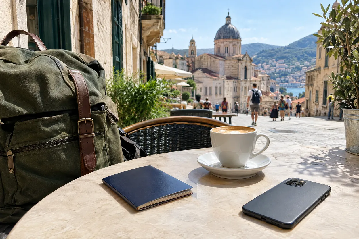 Sac à dos et passeport sur une table de café à l'étranger
