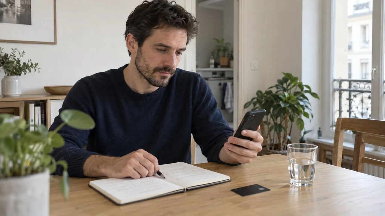 Un homme consulte son téléphone à côté de son carnet de budget