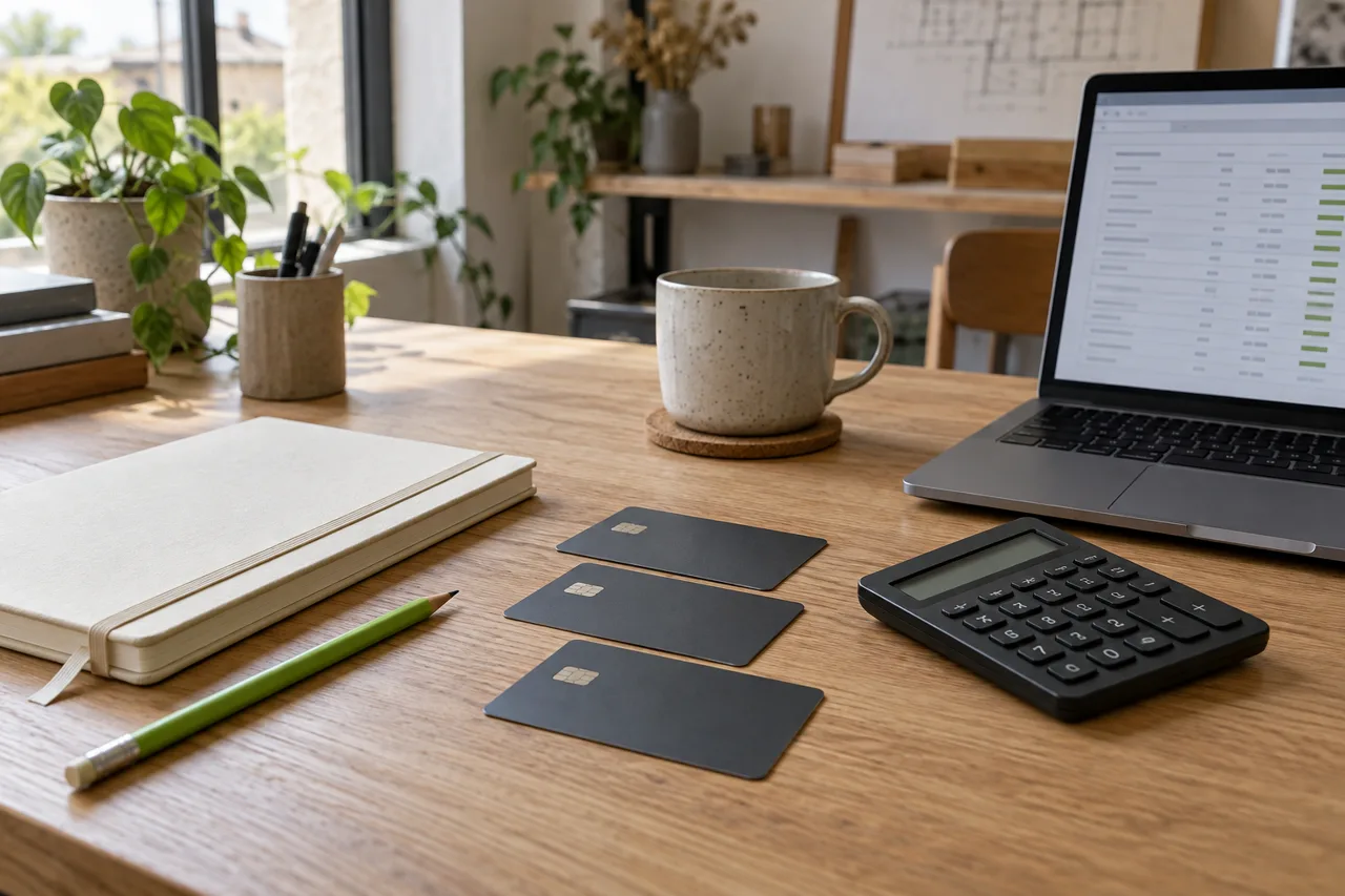 Bureau d’indépendant avec cartes professionnelles et calculatrice