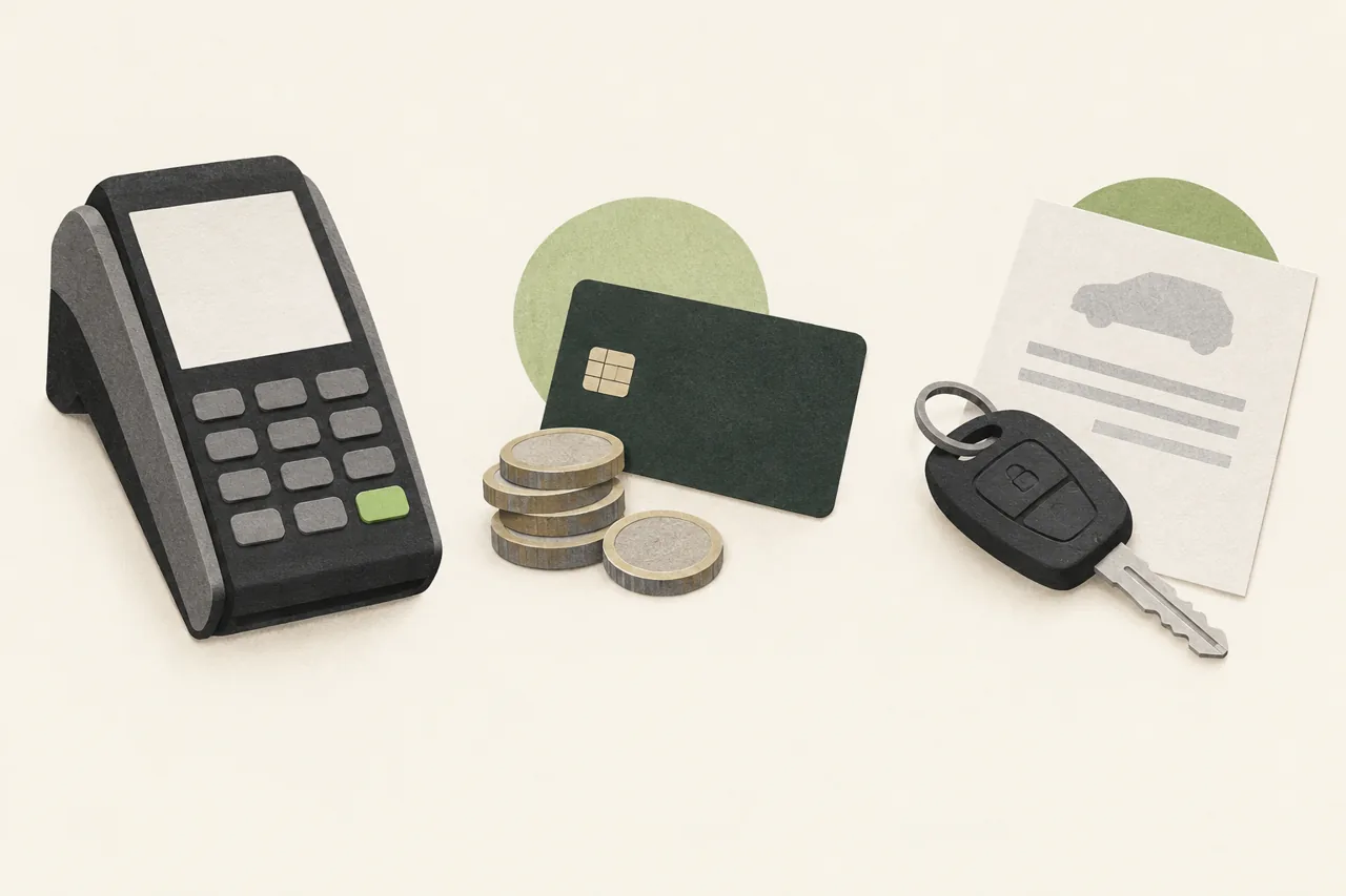 Terminal de paiement, carte bancaire, pièces et clé de voiture