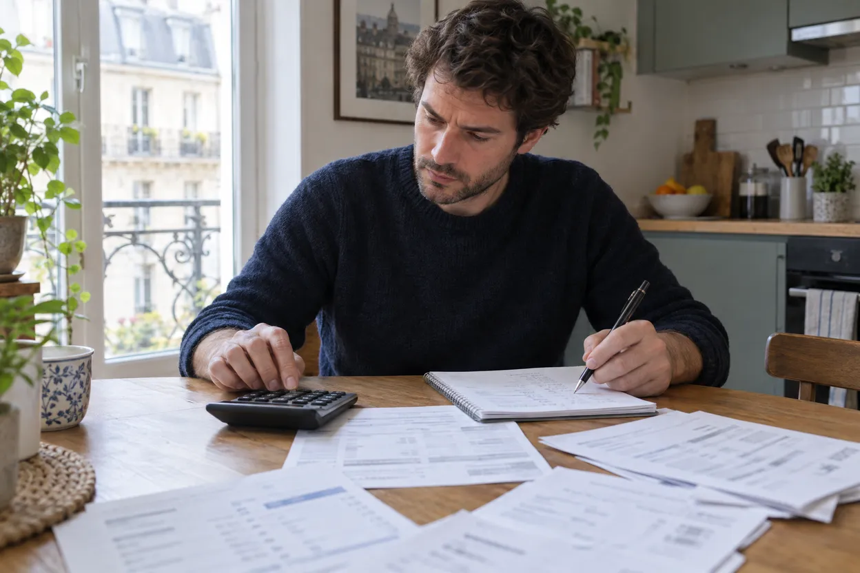 Homme qui additionne deux ans de factures avec une calculatrice