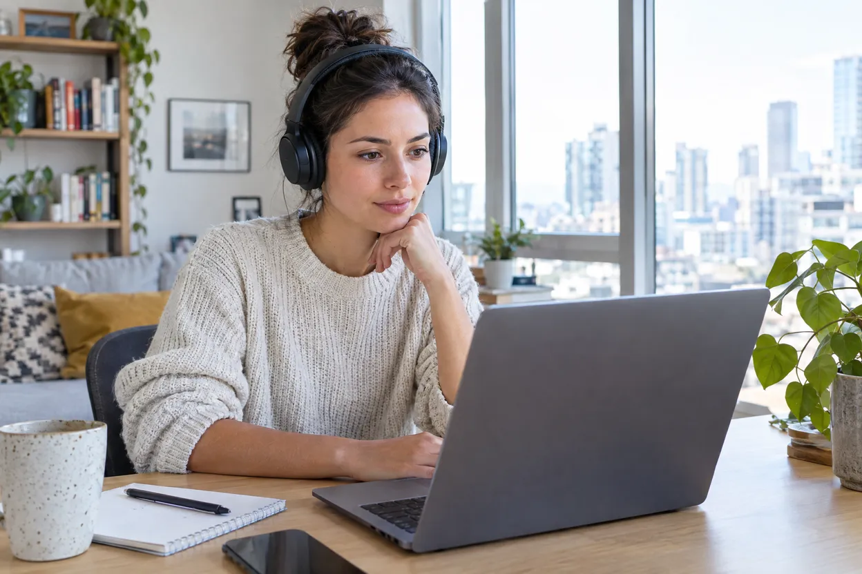 Femme en visioconférence en télétravail devant son ordinateur