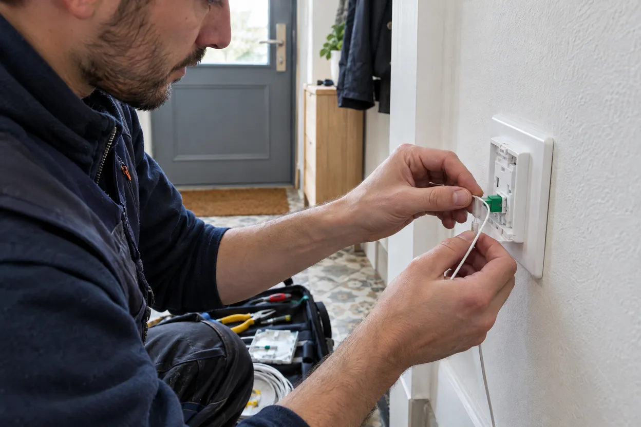 Technicien qui installe une prise fibre optique dans un appartement