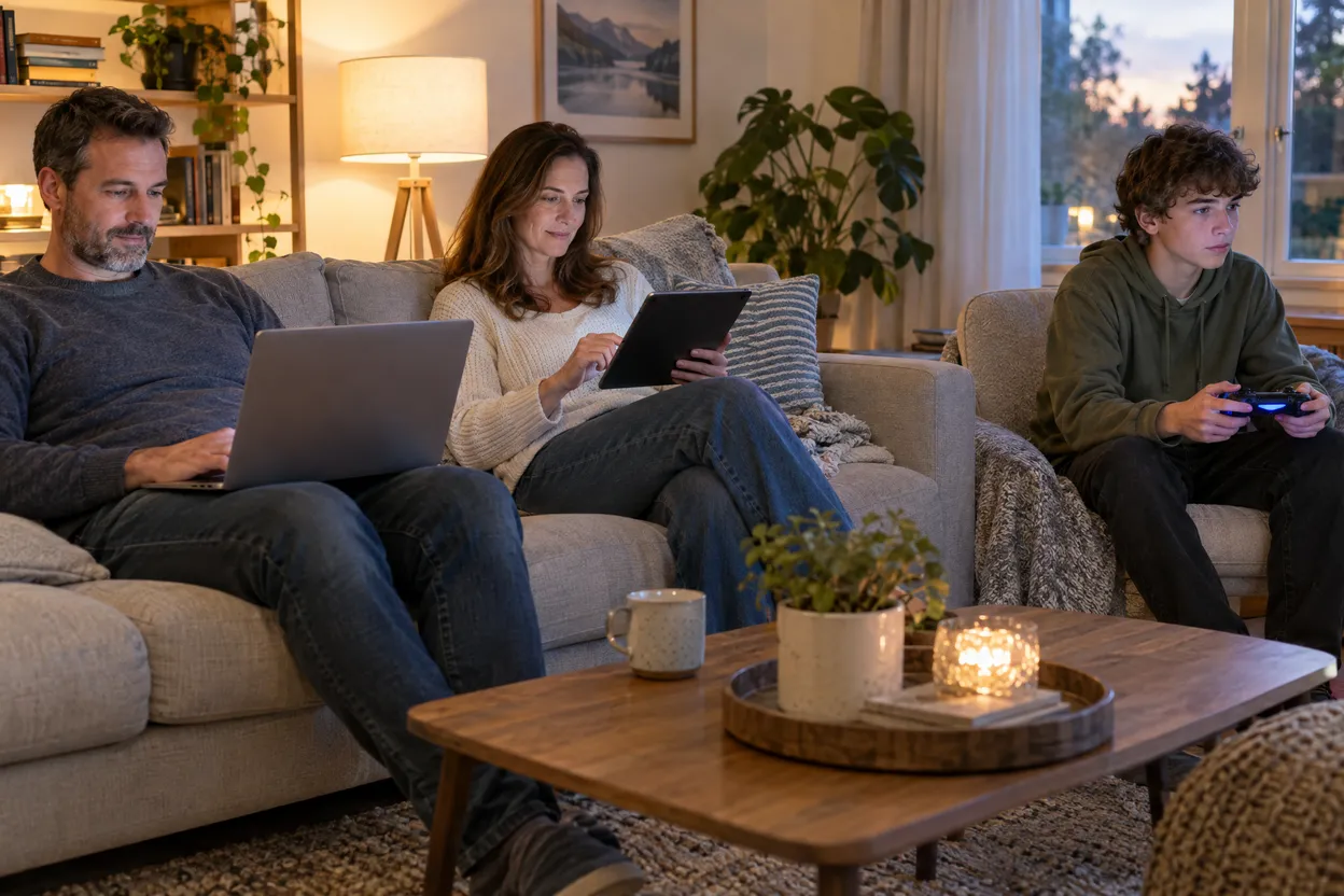 Famille qui utilise plusieurs écrans en même temps dans le salon
