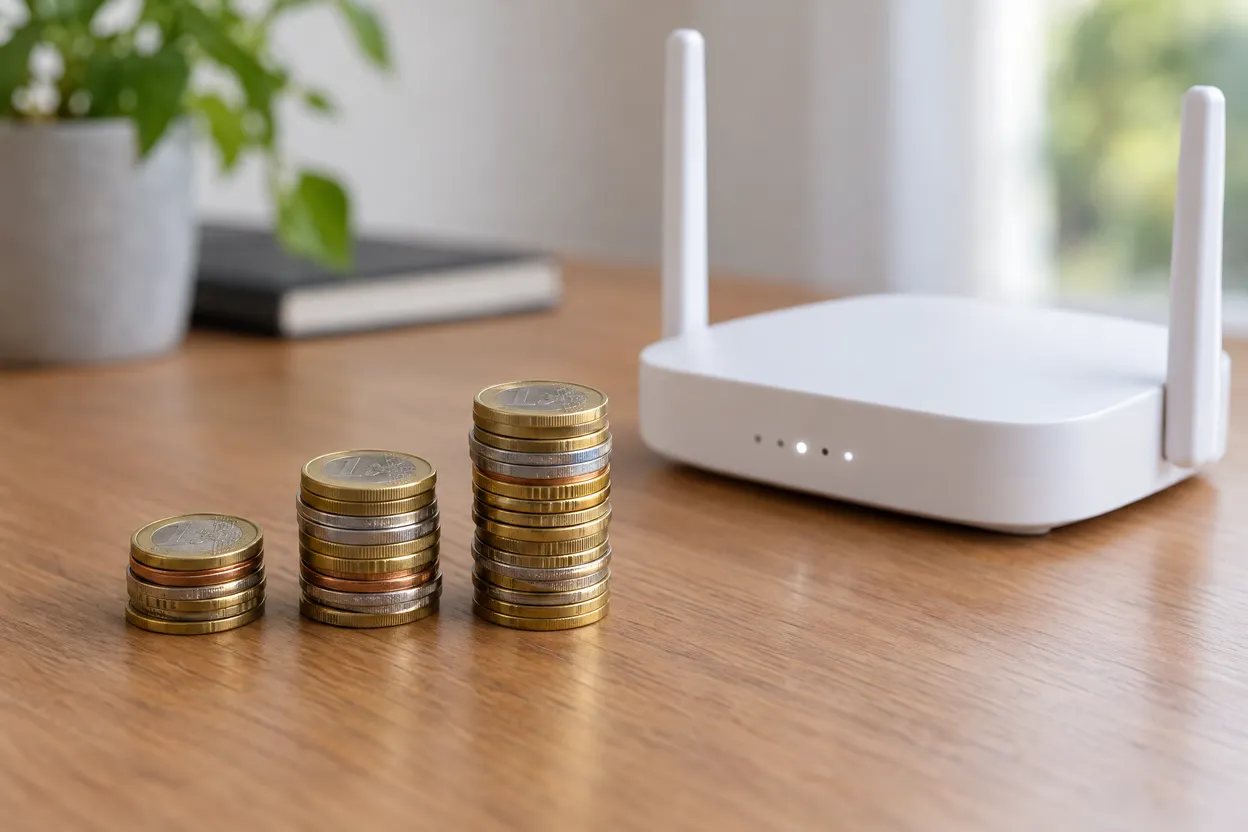 Piles de pièces de hauteurs différentes à côté d'une box internet