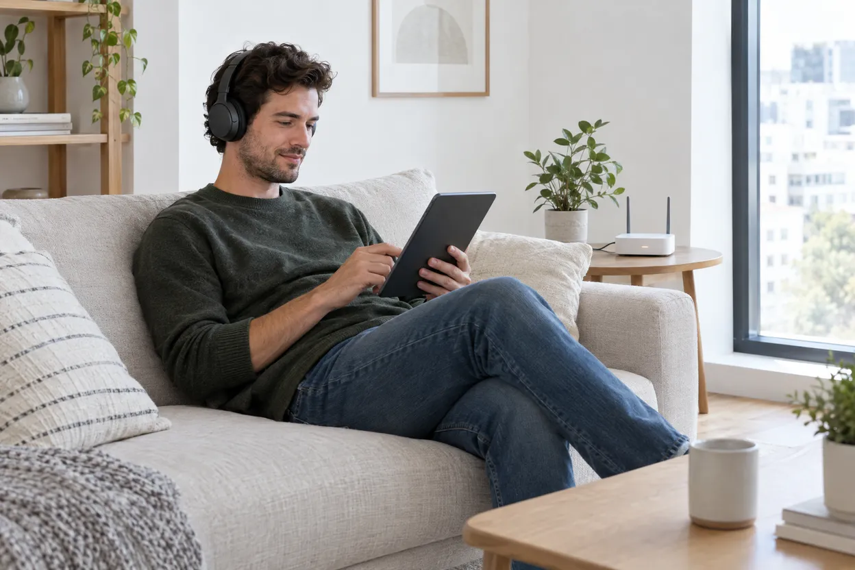 Homme sur un canapé avec une tablette, sans télévision dans la pièce