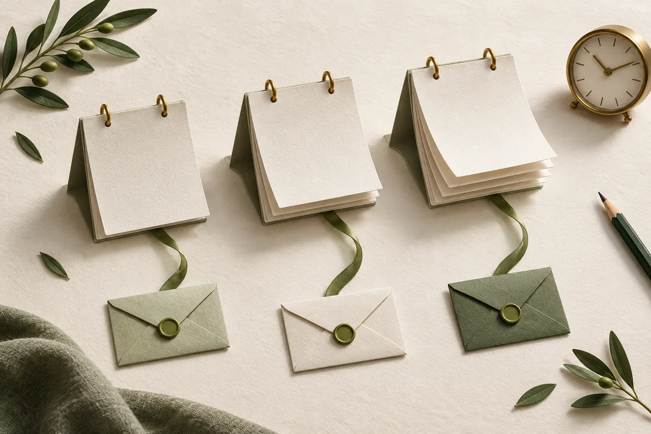Trois calendriers en papier reliés à des enveloppes pour évoquer différentes échéances
