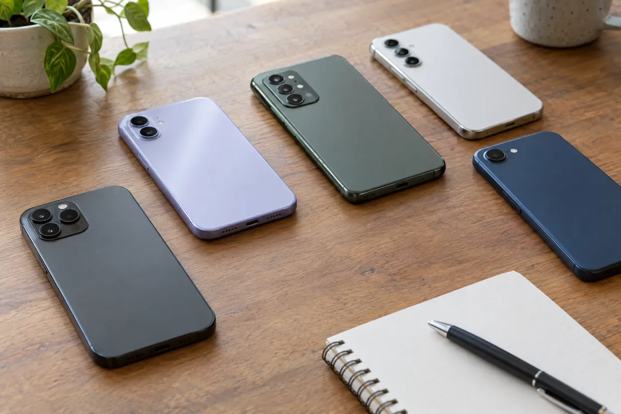 Plusieurs smartphones posés sur une table à côté d'un carnet