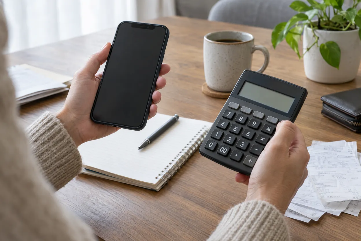 Mains qui tiennent un smartphone et une calculatrice