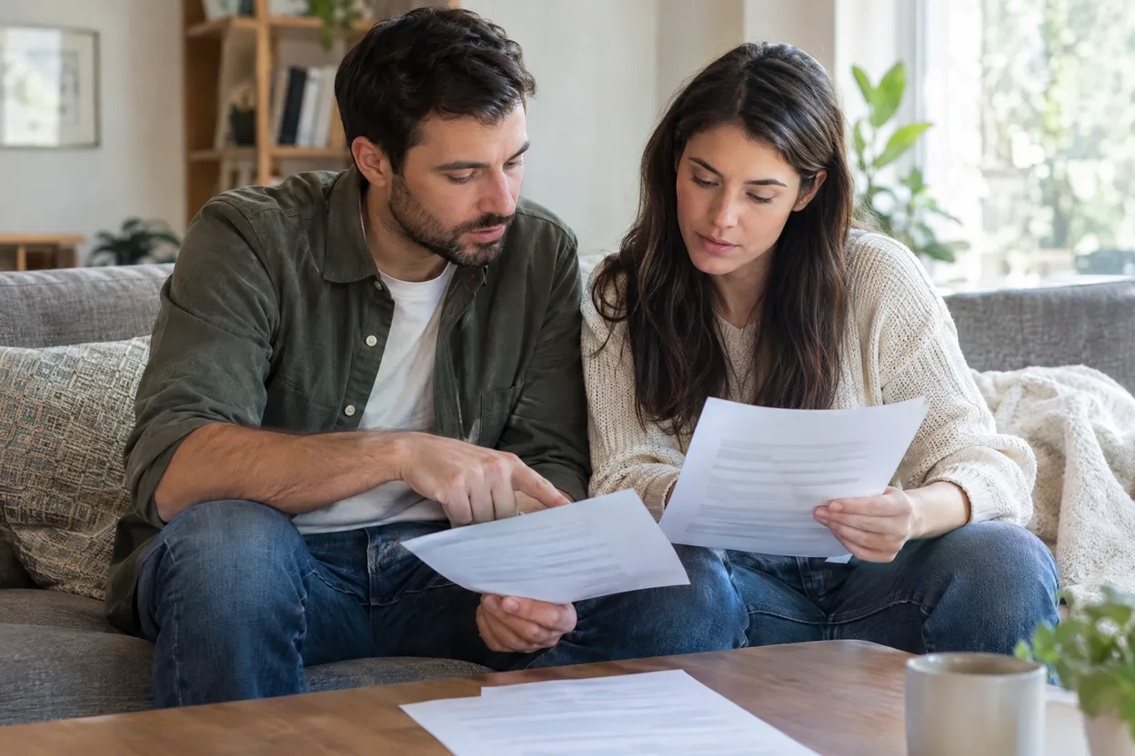 Couple qui compare deux documents de mutuelle santé sur un canapé