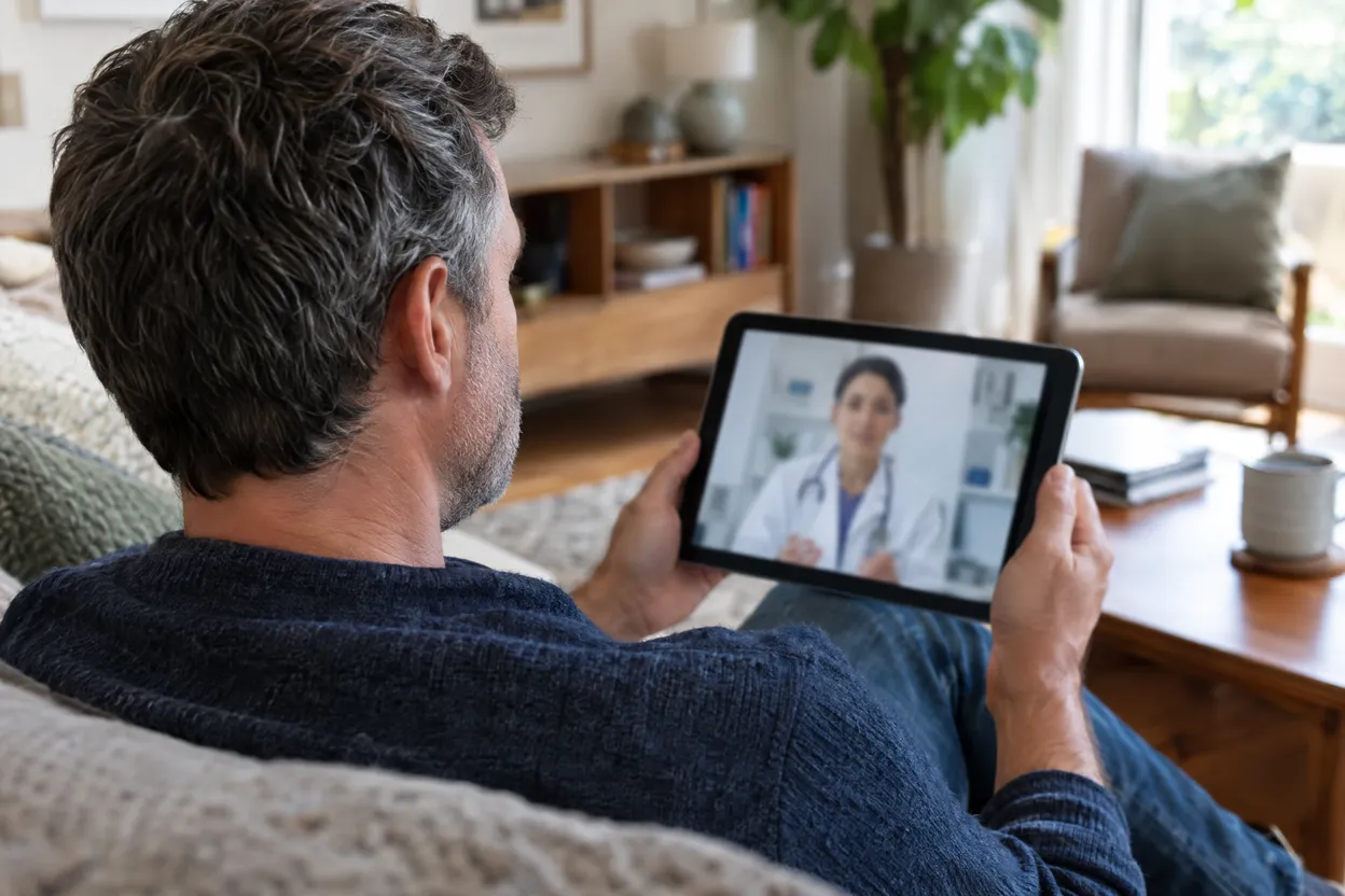 Homme en téléconsultation avec un médecin généraliste sur une tablette