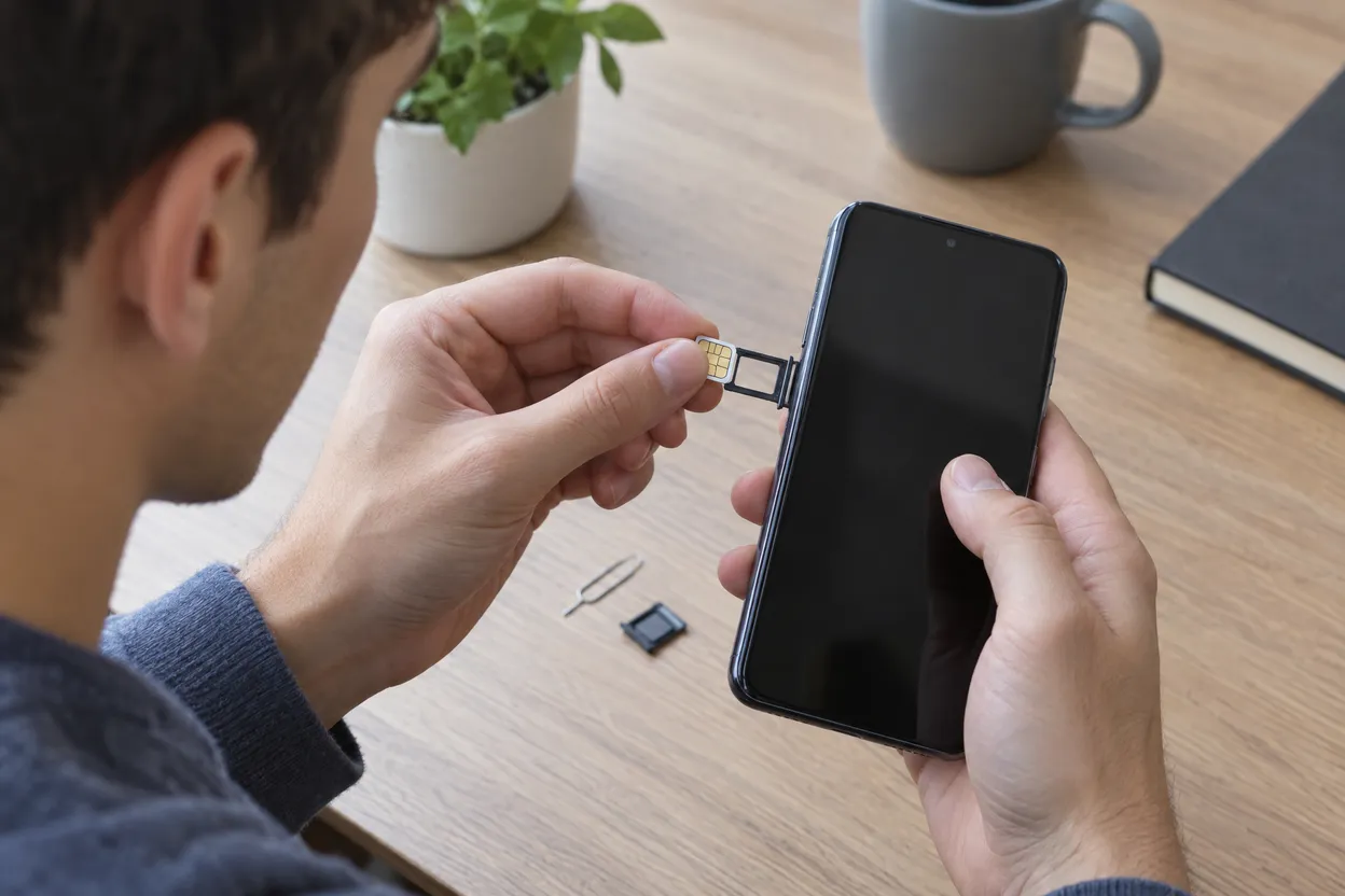 Jeune homme qui change la carte SIM de son smartphone