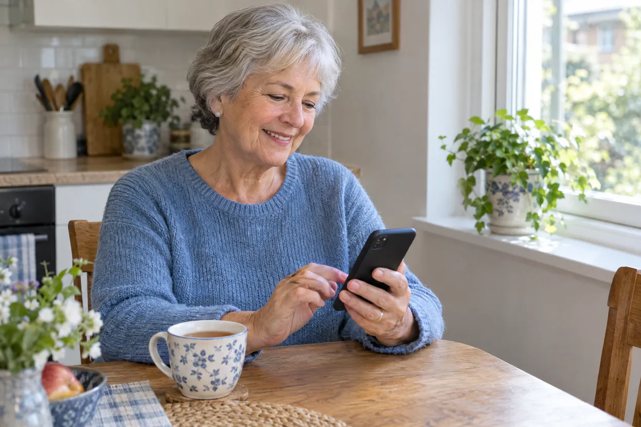Retraitée qui utilise son smartphone à sa table de cuisine