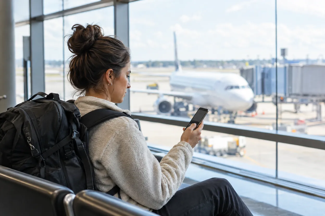 Voyageuse qui consulte son téléphone dans un aéroport