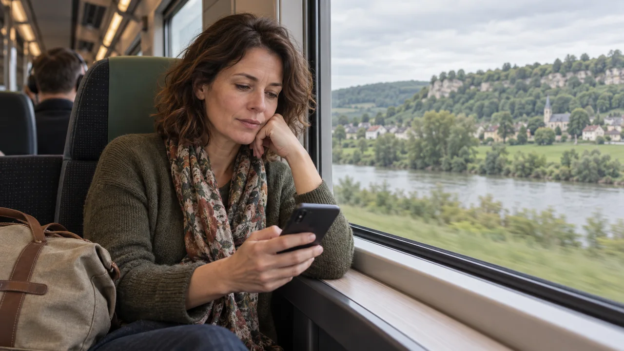 Une voyageuse consulte son smartphone dans un train