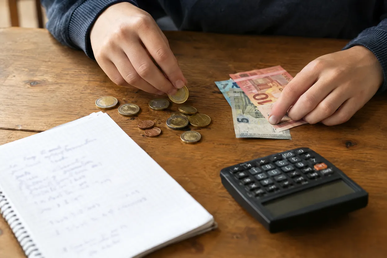 Pièces et billets en euros posés à côté d'un carnet et d'une calculatrice