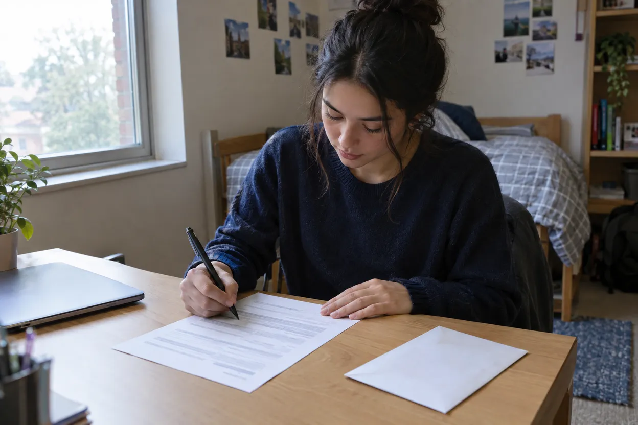 Étudiante qui remplit un formulaire administratif dans sa chambre