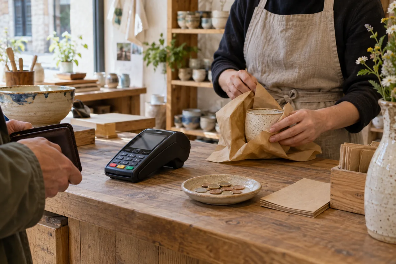 Comptoir d’une boutique artisanale avec terminal de paiement et monnaie